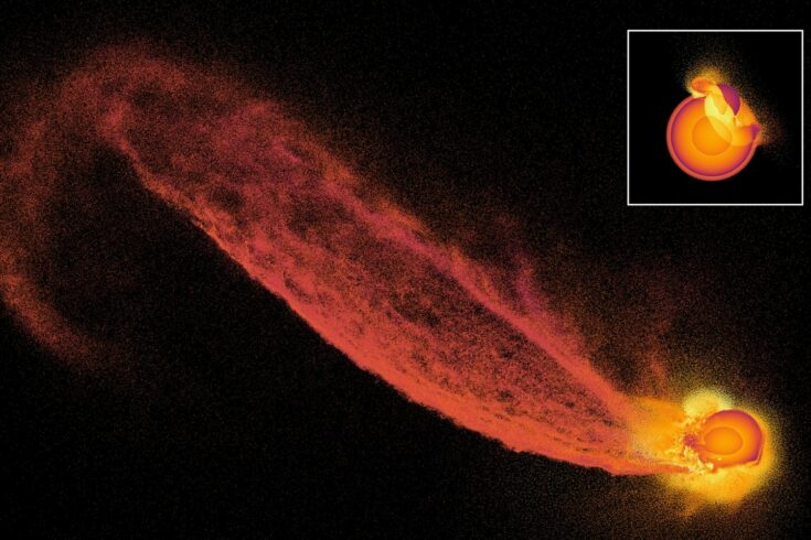 Cross-section snapshots of 3D simulations of giant impacts using 30 to 100 million particles, coloured by their material or their internal energy, related to their temperature.