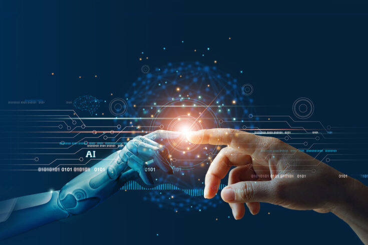 Artificial intelligence, hands of robot and human touching on big data network connection background