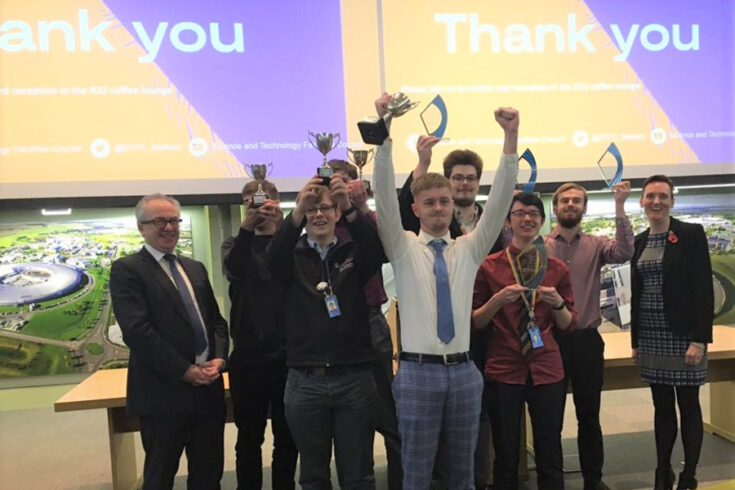 Apprentices celebrate at STFC’s own apprenticeship awards in 2019 at the Rutherford Appleton Laboratory. They are joined by Mark Thomson, STFC Executive Chair (far left) and Helen Johnson, Head of Apprenticeships (far right).