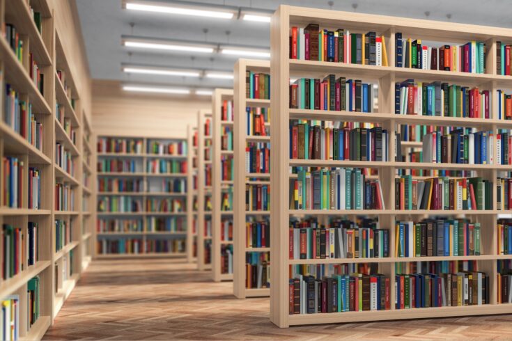 Library bookshelves with books and textbooks