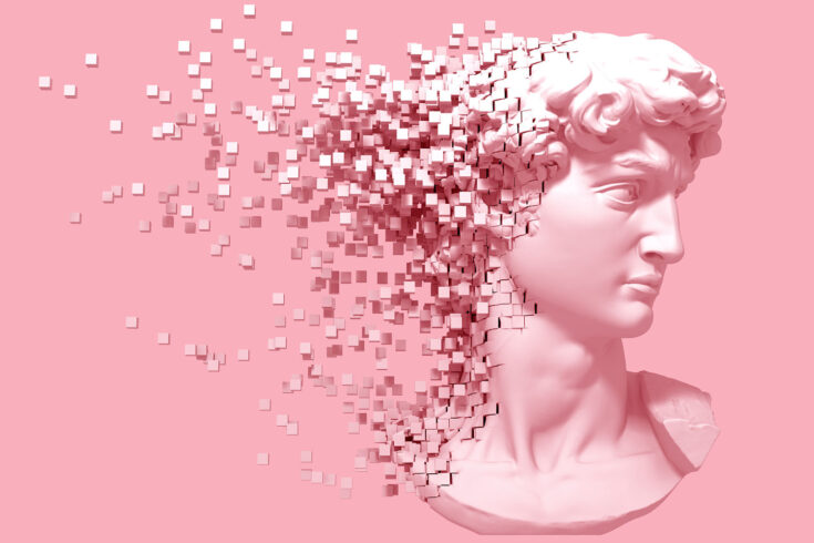 3D illustration, a disintegrating head of David on a pink background.