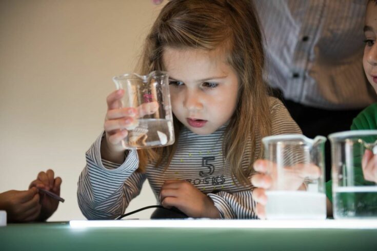 child looking at liquid in a beaker