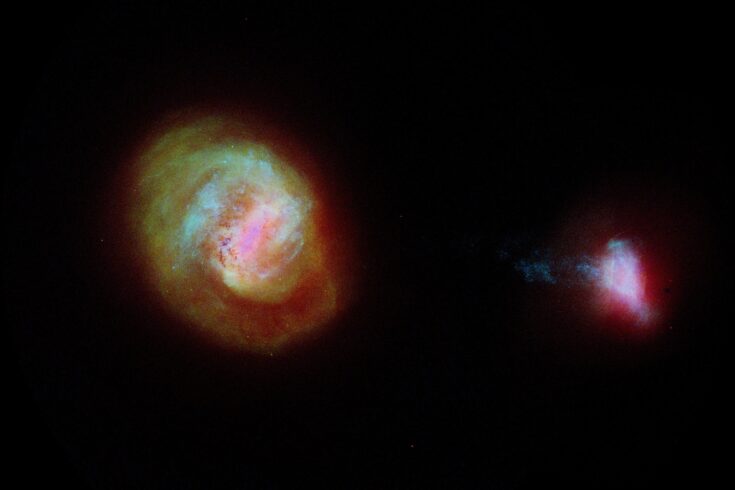 A diagram of the two most important companion galaxies to the Milky Way, the Large Magellanic Cloud or LMC (left) and the Small Magellanic Cloud (SMC) made using data from the European Space Agency Gaia satellite. The two galaxies are connected by a 75,000 light-years long bridge of stars, some of which is seen extending from the left of the SMC.