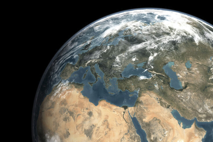 Global view of earth over Europe, Middle East, and northern Africa.