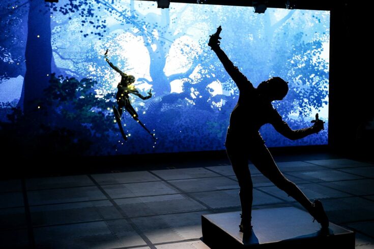 'Dream' rehearsal photo of dancer and screen avatar. Credit: Stuart Martin, Royal Shakespeare Company