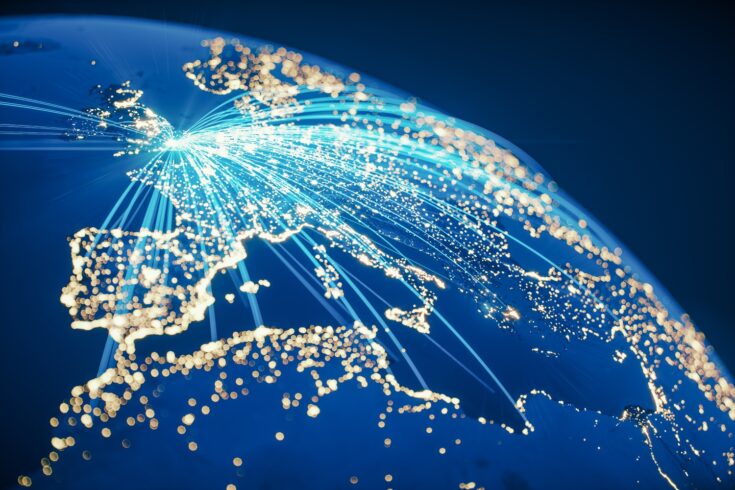 Global communication from the UK, lines connected from London to cities around the World