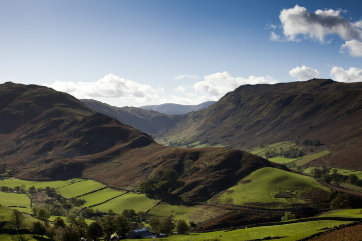 Rolling green hills in the Lake District, Cumbria, England, UK. / UKRI, Lake District, Cumbria, England, UK, nature, landscape, rural, outdoors, wild, hills, rolling, green, farming, fields, agriculture