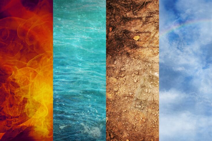 Four elements of nature, fire, water, earth, and air