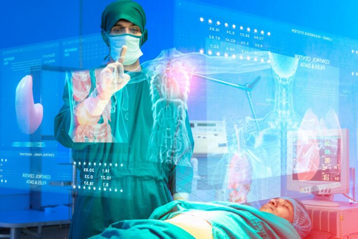 Surgeon doctors and patients in surgery operation room futuristic high technology. AR augmented reality surgery technology body organ analyze x-ray scan data information on digital monitor screen.