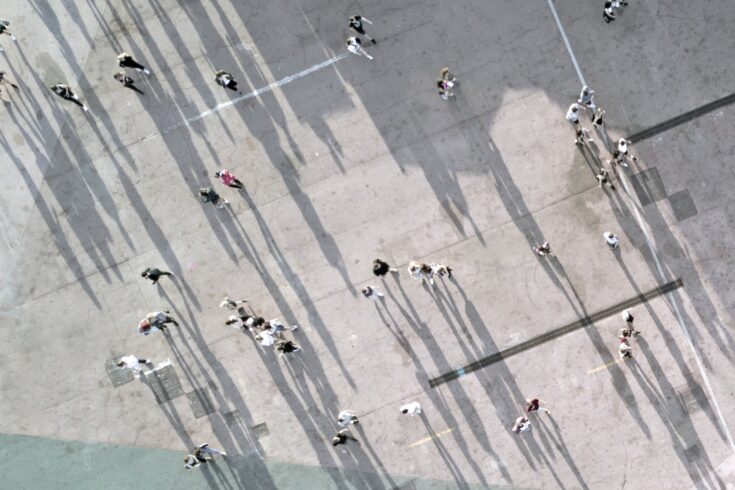 High angle view of people on street