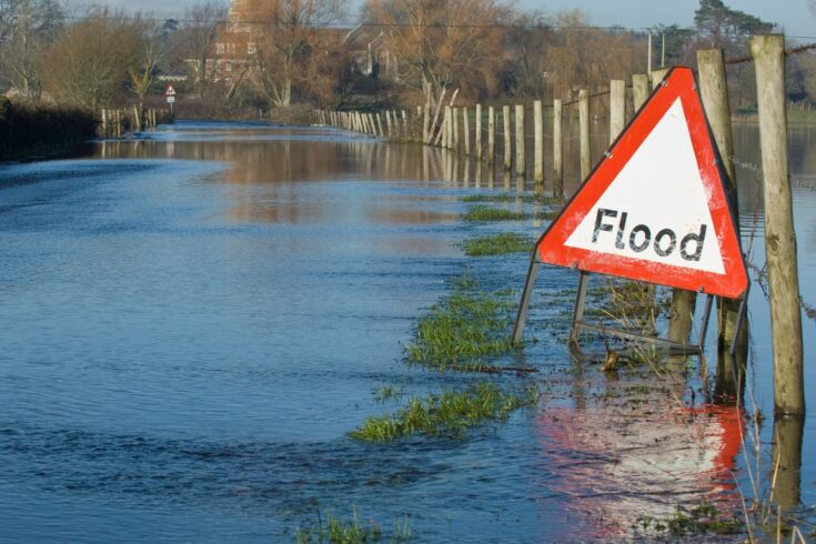 Flooded road and fields