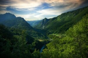 Sunset over Tara river canyon - second biggest canyon in the world and the biggest one in Europe in the Durmitor national park, Montenegro.