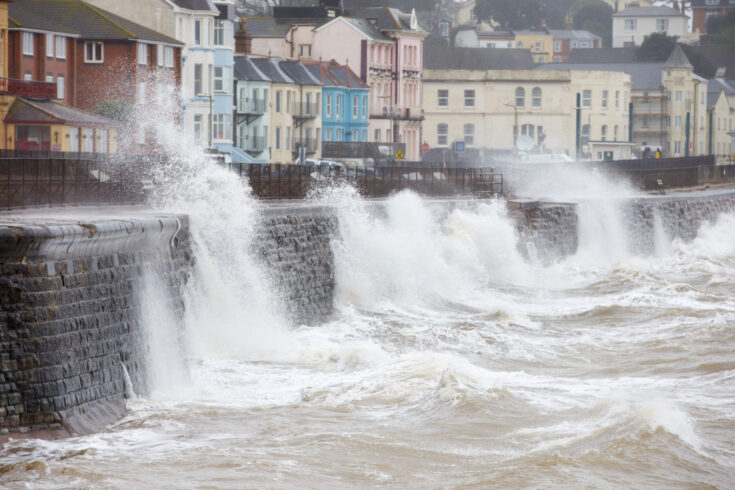 Large waves breaking against the sea wall at Dawlish, Devon