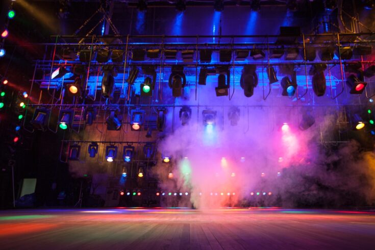 Light effects on stage created with theatrical lighting equipment and a smoke machine
