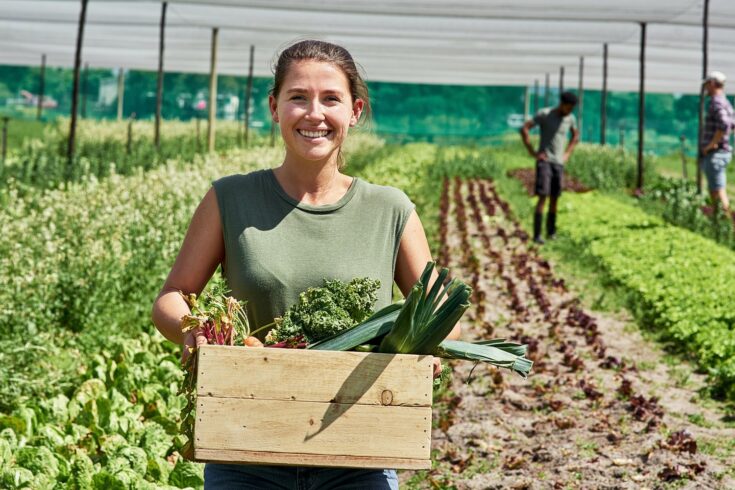 Female farmer holding box of produce