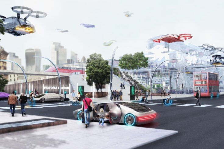 Futuristic city scene with aerial vehicles
