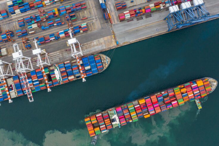 Aerial view of a cargo ship terminal