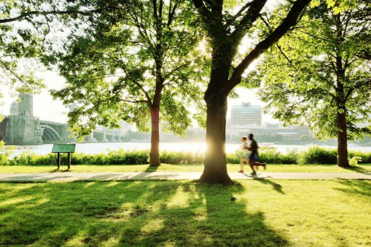 Runners in a park in Boston.