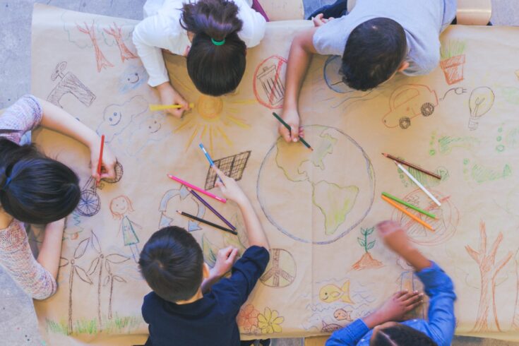 Aerial overhead view of group of children drawing an environmentally conscious mural