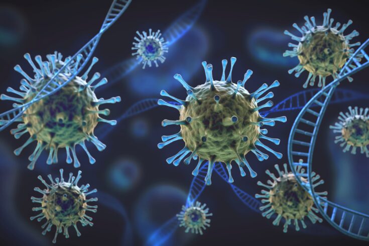 Green and blue coronavirus cells under magnification intertwined with DNA cell structure