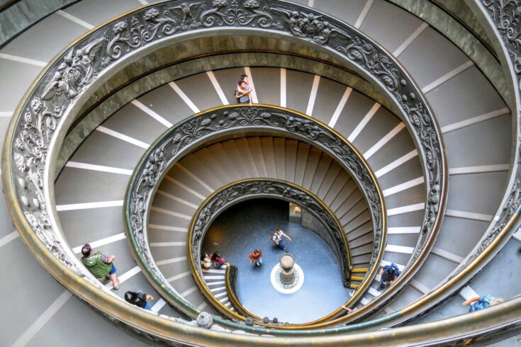 Looking down an ornate staircase