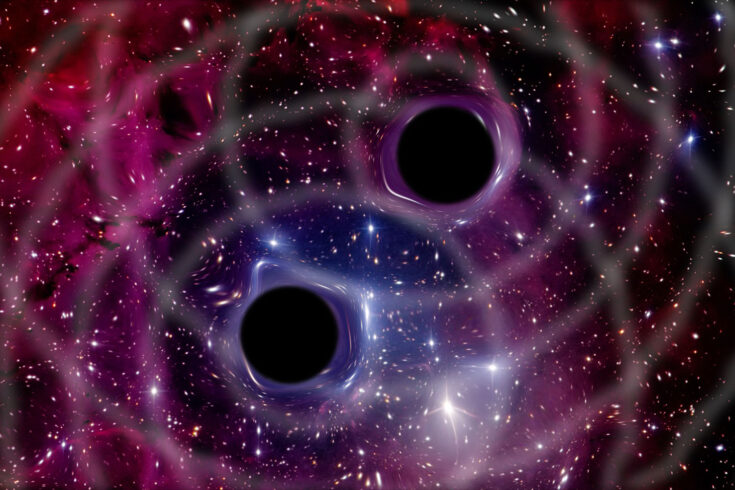 Gravitational waves generated by a binary black hole system.