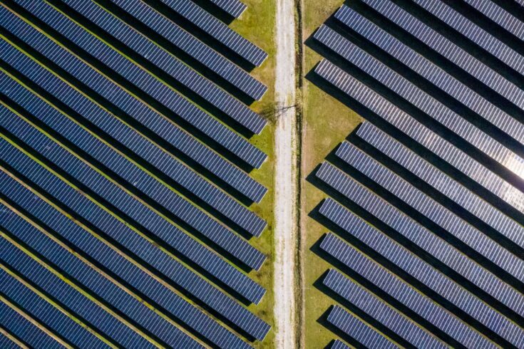 Solar farm in Somerset, England, UK.