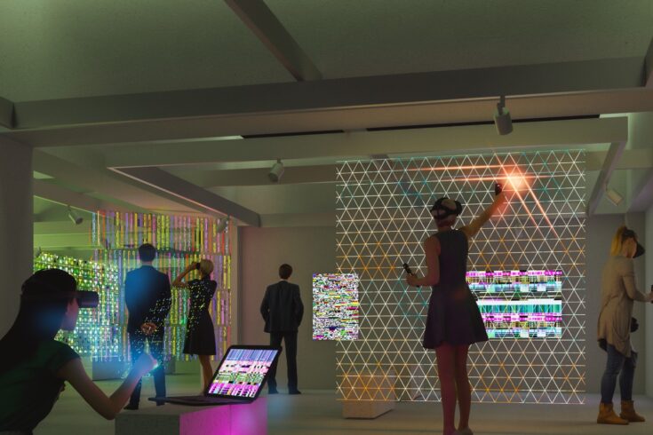 Futuristic art gallery with virtual reality equipment