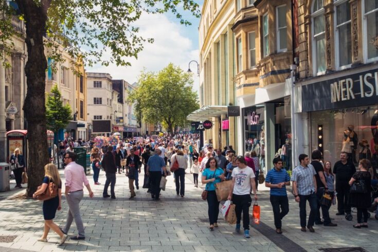 Queens Street in Cardiff busy with shoppers