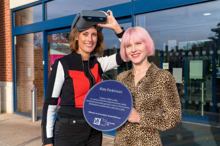Kate Parkinson with her plaque unveiled at WQE College in Leicester.