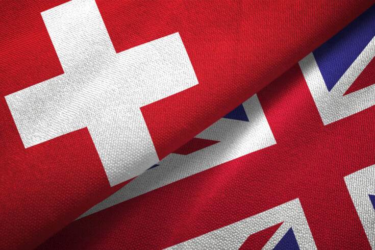 United Kingdom and Switzerland flag together realtions textile cloth fabric texture.