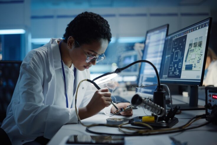 Black female engineer does computer motherboard soldering