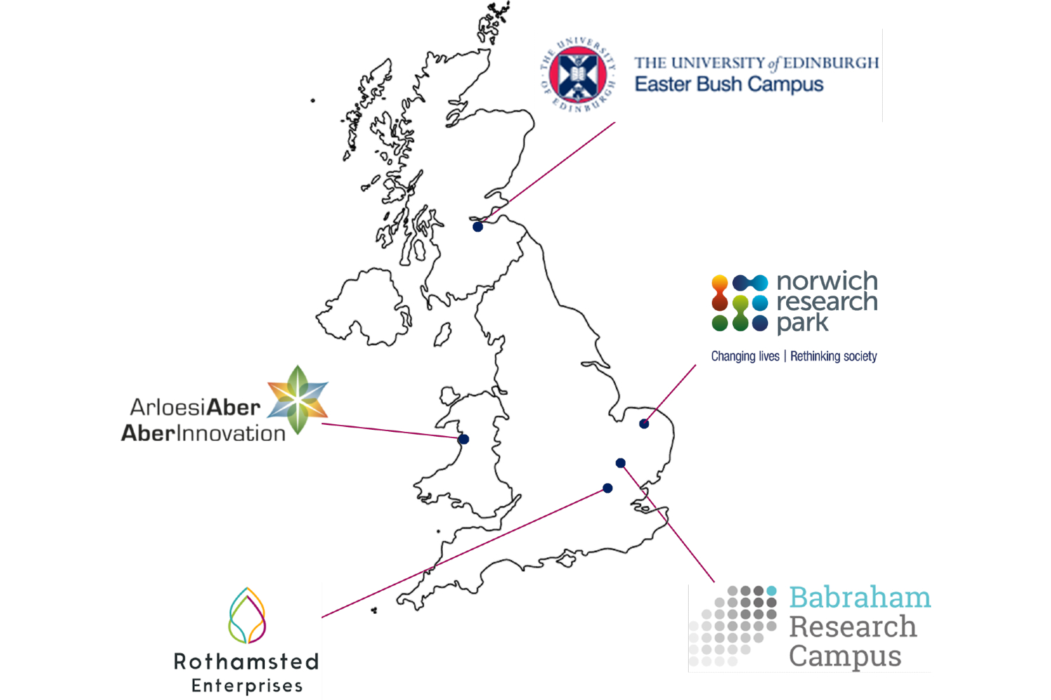 Map of the UK showing the location of BBSRC's research and innovation campuses