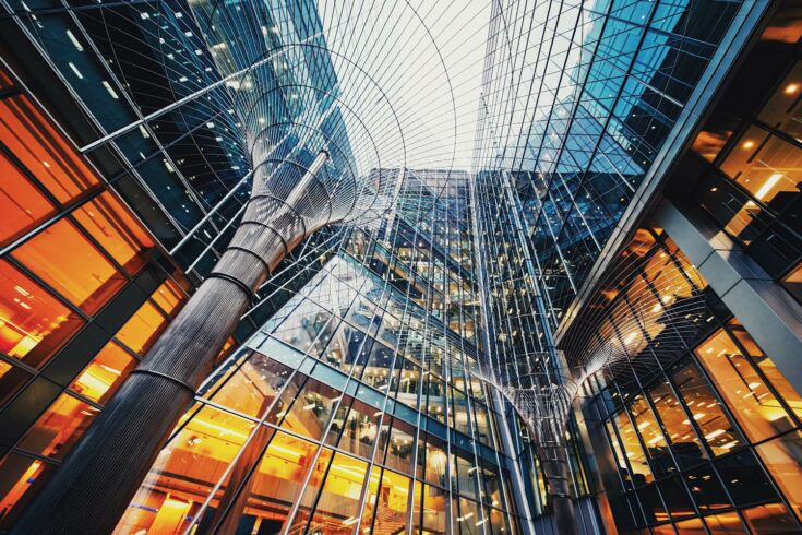 Illuminated office buildings at Canary Wharf, London