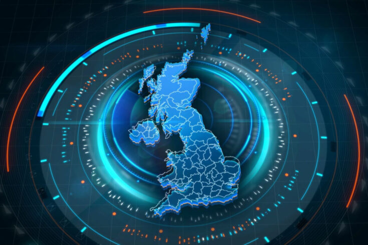 UK map links with futuristic HUD virtual interface background details.