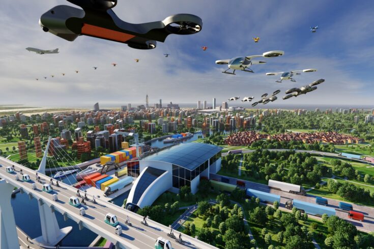 Illustration of a future transport concept with flying drones, taxis and electric vehicles