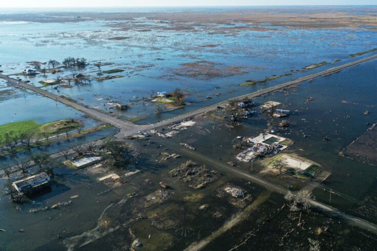 Hurricane Delta flooded neighbourhood from above, Louisiana Gulf Coast
