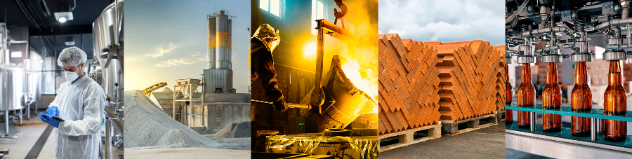 From left to right: Sand destined to the manufacture of cement in a quarry; a worker controlling metal melting in furnaces; facing red bricks stacked on pallets; Beer bottles filling on the conveyor belt in the brewery factory