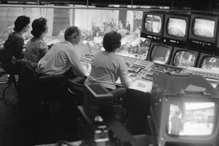 Opening night at the BBC Television Centre from the TV gallery, 1960.