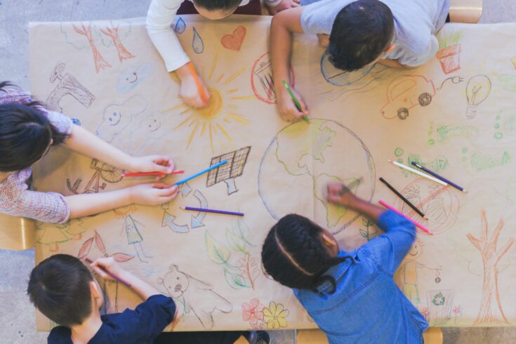 Aerial overhead view of a multi-ethnic group of elementary age children drawing. They are seated around a table. The kids are using colored pencils to make a mural. The have colored a world map, objects found in nature, and symbols of environmental conservation.