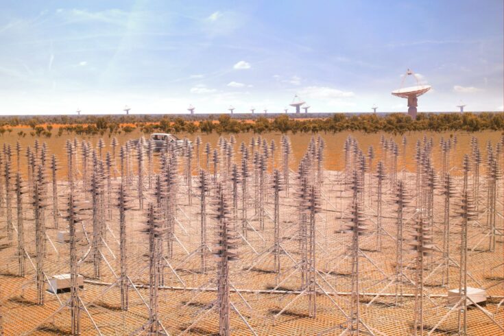 Artist’s impression of the SKA-Low telescope in Australia, with dipole antennas in the foreground and dishes of the ASKAP radio telescope in the background