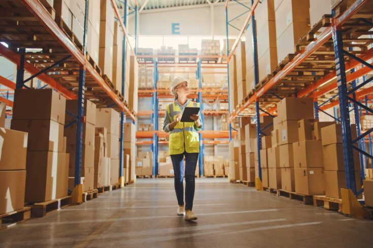 A female worker in a warehouse, walking with a tablet, doing an inventory check.