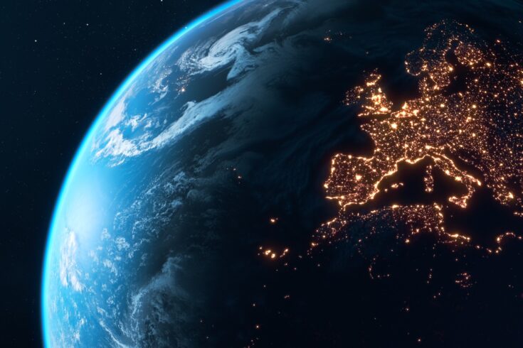 Planet Earth at night , city lights of Europe glowing in the dark