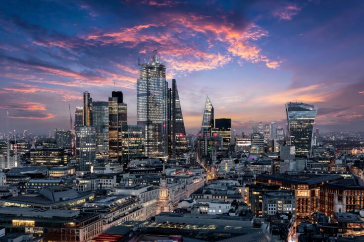 London city skyline shortly after sunset