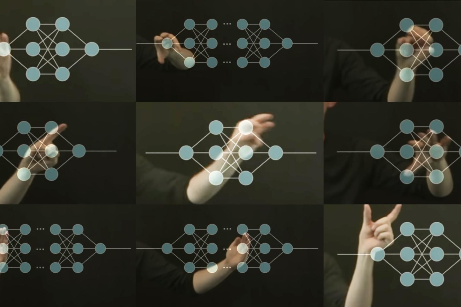 Nine small images with schematic representations of differently shaped neural networks, a human hand making a different gesture is placed behind each network.