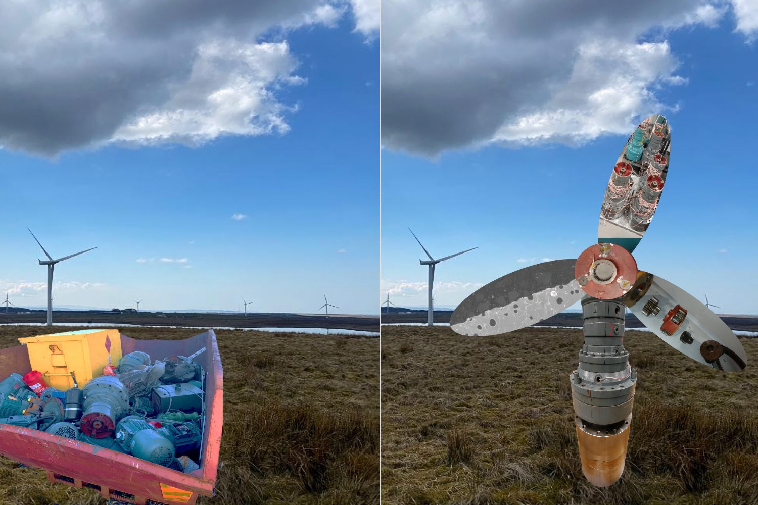 Before and after landscape of a wind farm with waste components going from deemed waste to being reused