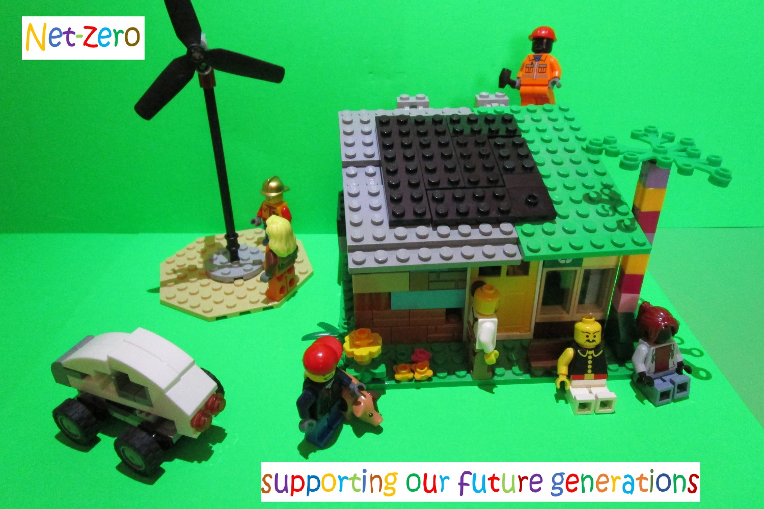Lego build of a content, relaxed family life in a net zero future
