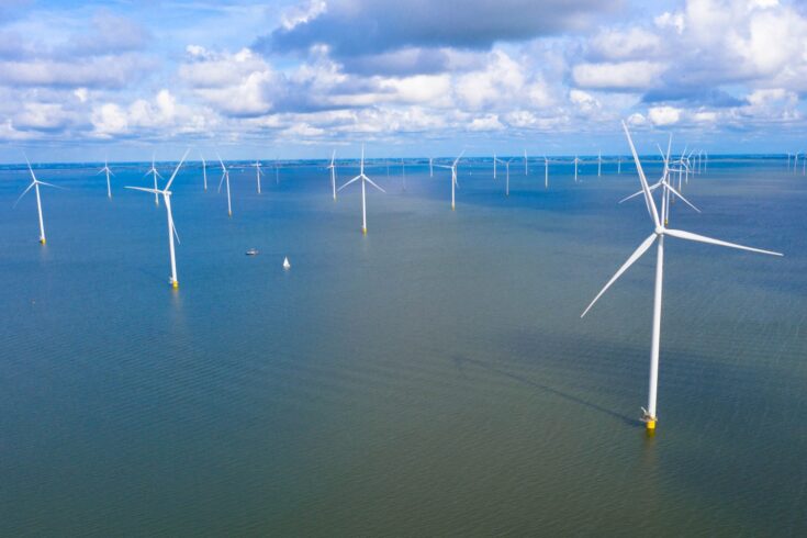 Drone photograph of an offshore windfarm