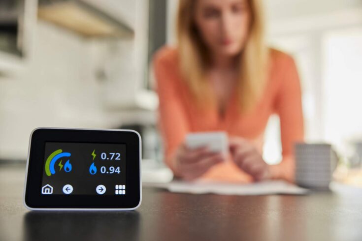Close up of smart energy meter in kitchen measuring electricity and gas use with a blurred out background where a woman is looking at bills with a calculator