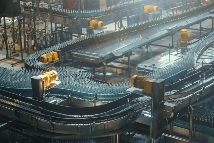 Conveyor belt, beer in bottles, brewery factory industrial production line